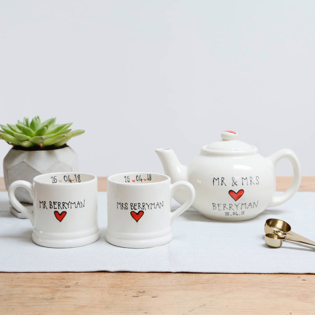 Personalised Wedding Teapot And Mugs Set By White Rain Designs