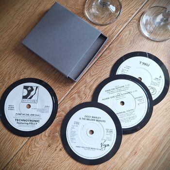 Four Record Vinyl Coasters By Colour, Red, Blue, Green, Black, Mauve, Pink, Gold, Silver, White, Yellow, 12 of 12