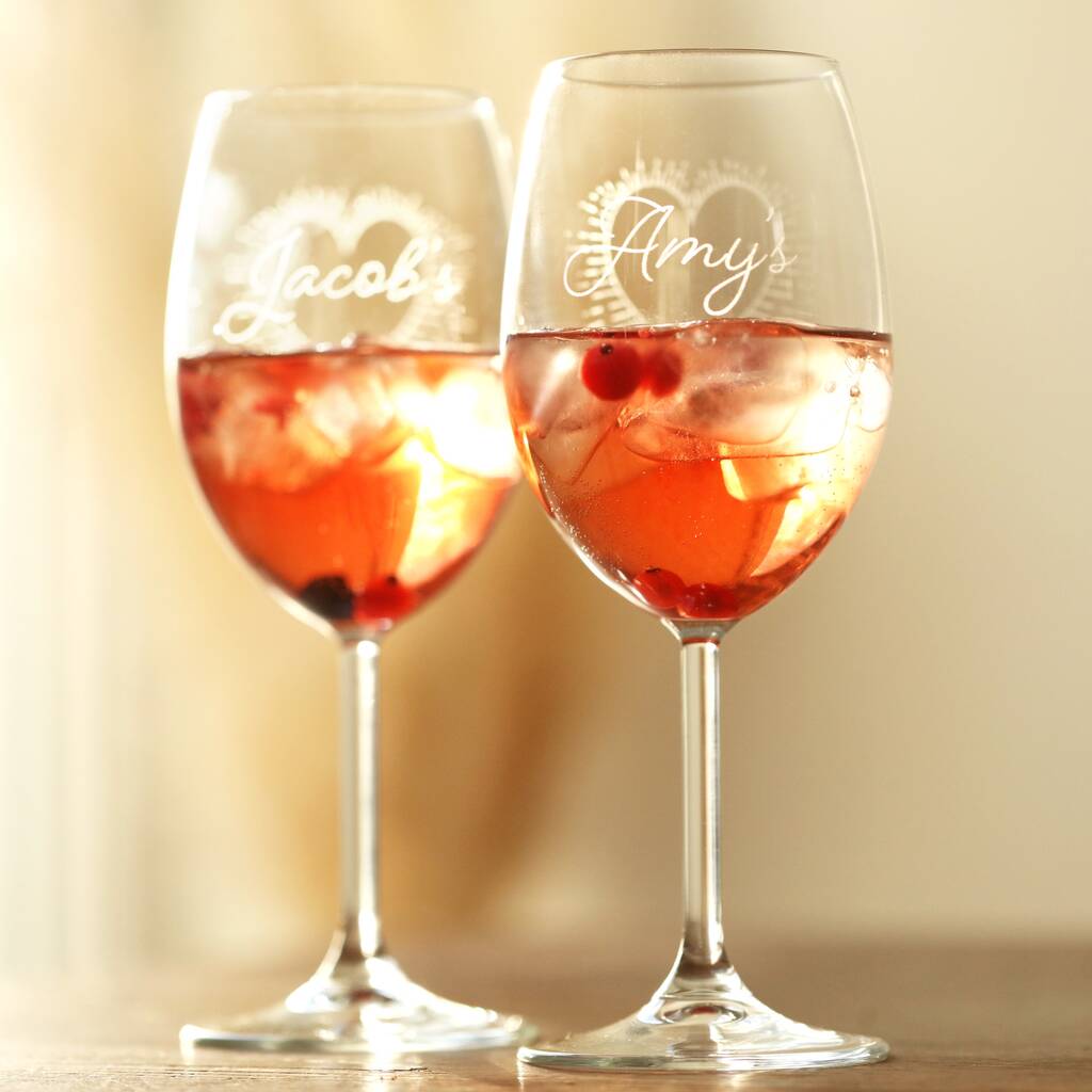 Personalised Set Of Two Heart Wine Glasses By Lisa Angel