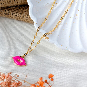 Lolita Enamel Pink Lips Charm On A 24kt Gold Chain, 3 of 5