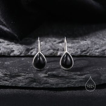 Genuine Black Onyx Pear Cut Drop Hook Earrings, 2 of 10
