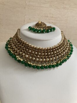 Indian Gold Plated Emerald Green Pearl Choker Set, 2 of 8