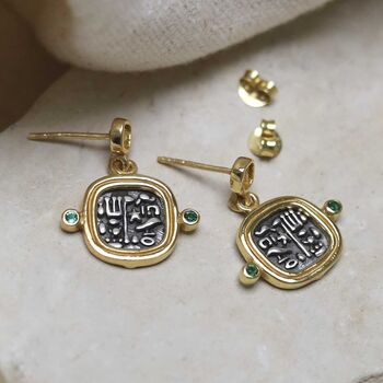 Gold Plated Sterling Silver Hieroglyphics Square Earrings, 4 of 12