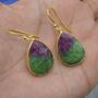 Ruby Zoisite Earrings: Gold Plated Silver, Anyolite, Teardrop Or Rectangular Dangle Drop, thumbnail 12 of 12