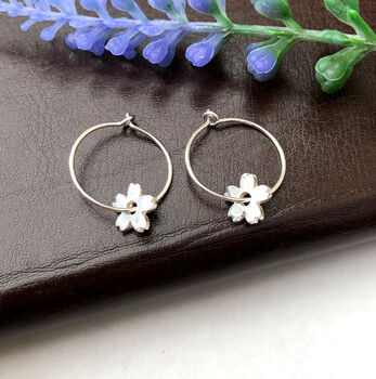 Sterling Silver Cherry Blossom Flower Hoop Earrings, 3 of 9
