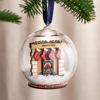 Personalised 3D Fireplace With Family Stockings Bauble, 2 of 5
