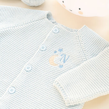 Personalised Luxury Baby Cardigan With Embroidered Moon And Stars Initial, 4 of 11