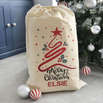Personalised Christmas Tree Red Swirl Cotton Sack, 2 of 2