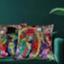 Signature Tropical Birds Dressed Up Bright Colourful Tropical Flowers Green Parrot Luxury Velvet Cushion, thumbnail 6 of 9