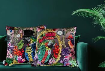 Signature Tropical Birds Dressed Up Bright Colourful Tropical Flowers Green Parrot Luxury Velvet Cushion, 6 of 9