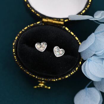 Tiny Opal Heart Stud Earrings In Sterling Silver, 5 of 12