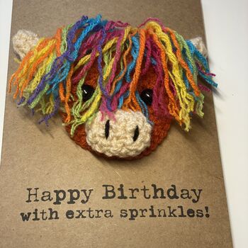 Rainbow Highland Cow Crochet Birthday Card Handmade Sprinkles, 4 of 7