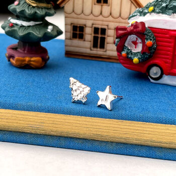 Personalised Sterling Silver Mismatched Christmas Tree Initial Star Earrings, 8 of 10