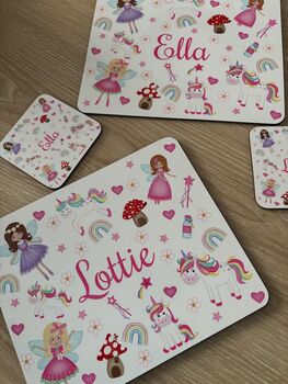 Kids Personalised Fairy And Unicorn Placemat, Coaster And Mug Dinner Set, 7 of 10