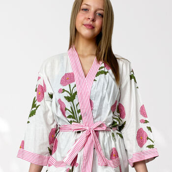 White And Pink Flower Print Cotton Dressing Gown Kimono, 9 of 10
