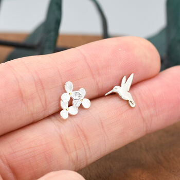 Sterling Silver Mismatched Hummingbird And Hydrangea Flower Stud Earrings, 5 of 10