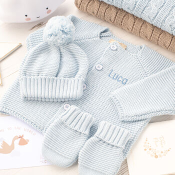 Luxury Cotton Baby Cardigan, Bobble Hat And Mittens Set, 10 of 12