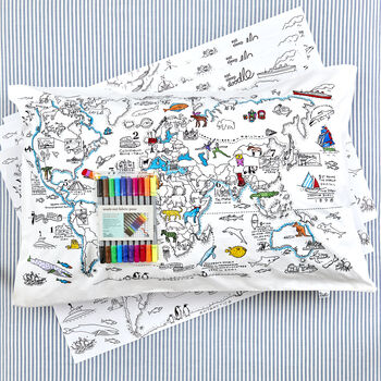 World Map Pillowcase Kit + 10 Pens, Colour In And Learn, 3 of 8