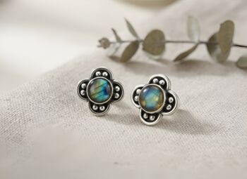Oxidised Silver Labradorite Clover Stud Earrings, 3 of 3