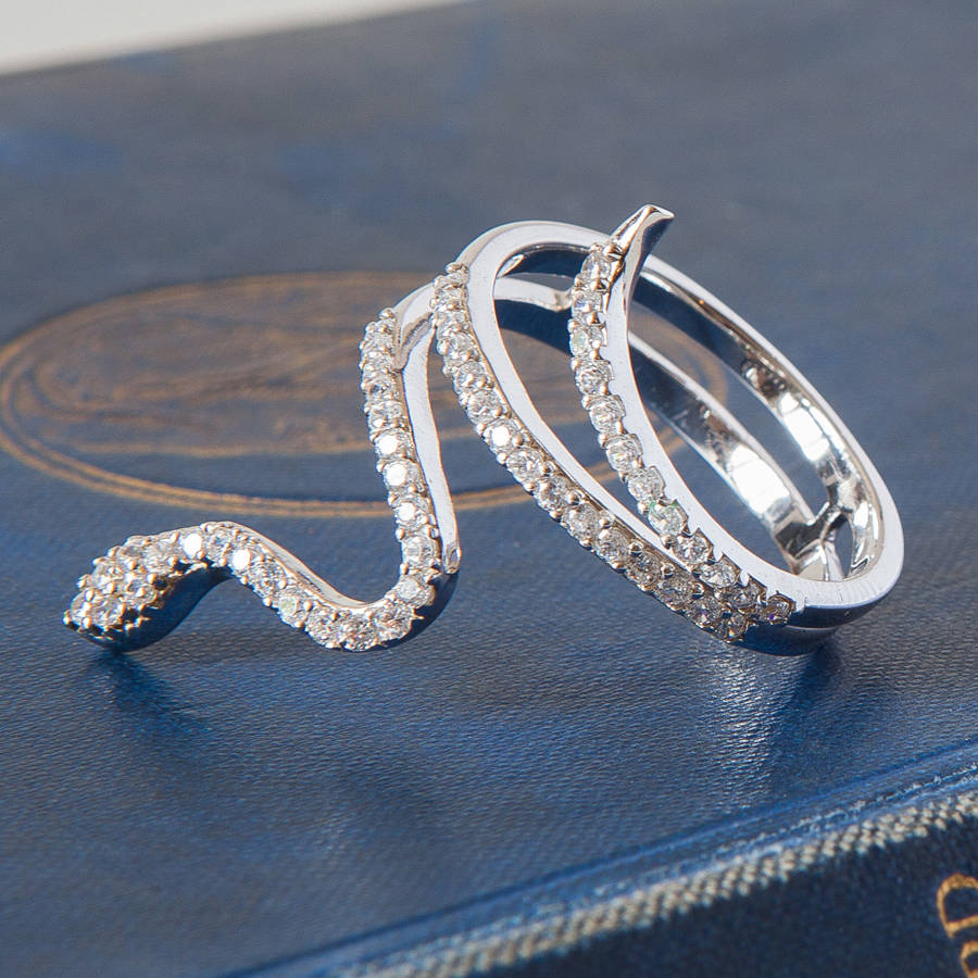 Silver Snake Ring With Sparkly Pave Diamante By
