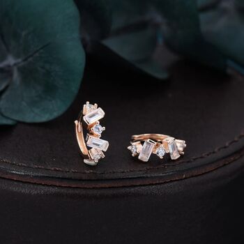 Baguette Cz Cluster Huggie Hoop In Sterling Silver, 3 of 12