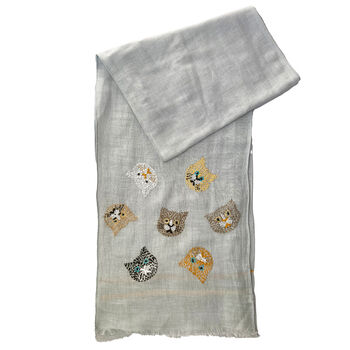 Hand Embroidered 100% Linen Scarf With Cat Face Design, 5 of 6