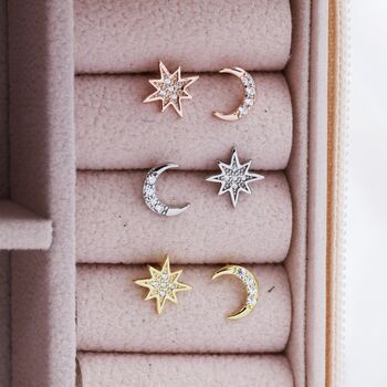 Sterling Silver Asymmetric Moon And Starburst Stud Earrings, 2 of 12