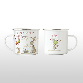 Personalised Easter Enamel Mug With Cute Rabbits, Festive Holiday Gift For Family And Friends, 2 of 5