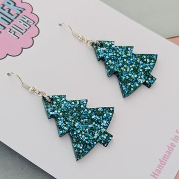 Snowfall / Blue Glitter Christmas Tree Earrings Small And Large, 2 of 10