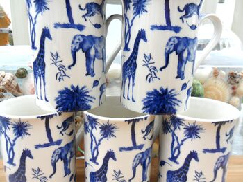 Set Of Six Straight Mugs In Blue Safari Design, 7 of 12
