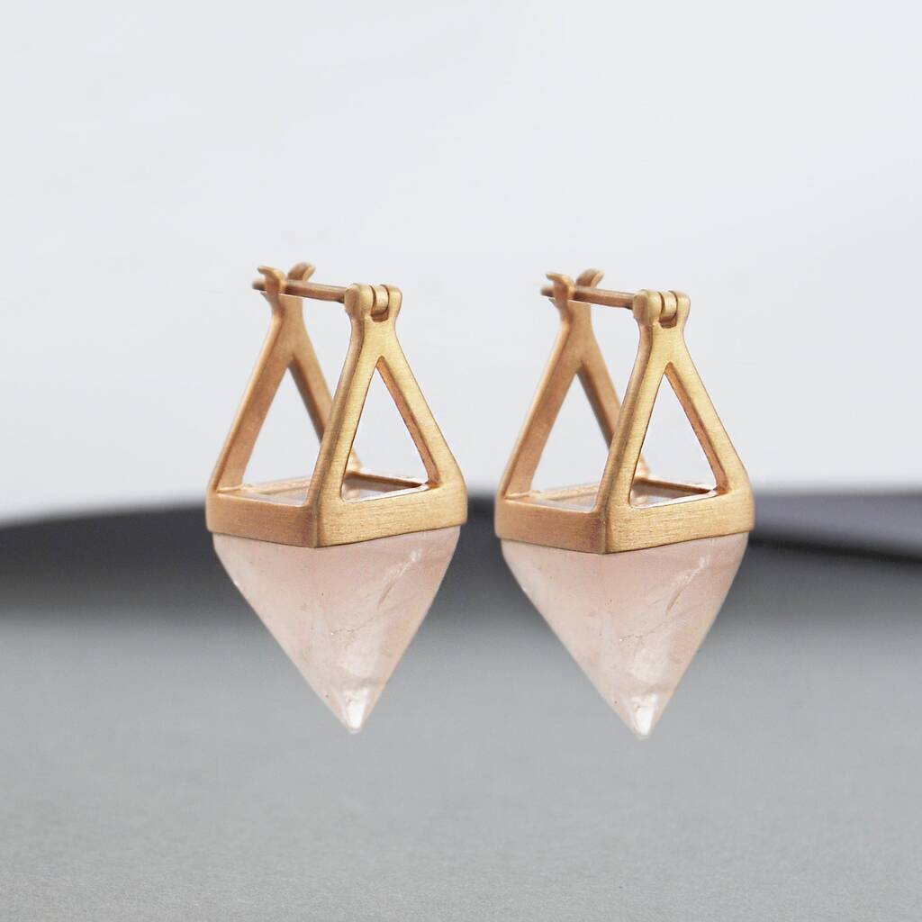 Rose Quartz Pyramid Gold Plated Sterling Silver Earrings, 1 of 7