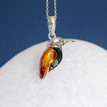Personalised Sterling Silver Baltic Amber Kingfisher Pendant Necklace, 3 of 9