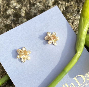 Tiny Daffodil Stud Earrings In Solid Gold, 2 of 5