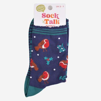 Women's Bamboo Socks Navy Blue Christmas Robins, 5 of 5