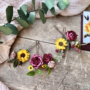 Sunflower, Burgundy And Dusty Pink Hair Pins, 7 of 9