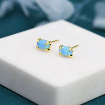 Blue Opal Oval Stud Earrings In Sterling Silver, 5 of 12