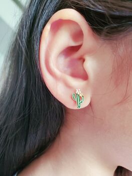 Cactus And Watering Can Mismatched Stud Earrings Set 14 K Gold Plated With Pearl, Gift For Her Plant Lover Jewellery, 5 of 9