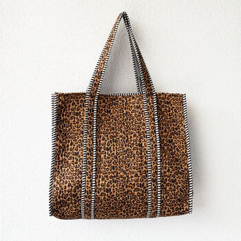 Tote Bag Cotton Dark Leopard Quilted Beach Bag Shopper, 2 of 5