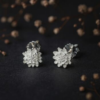 Sterling Silver November Birth Flower Chrysanthemum Stud Earrings, 3 of 7