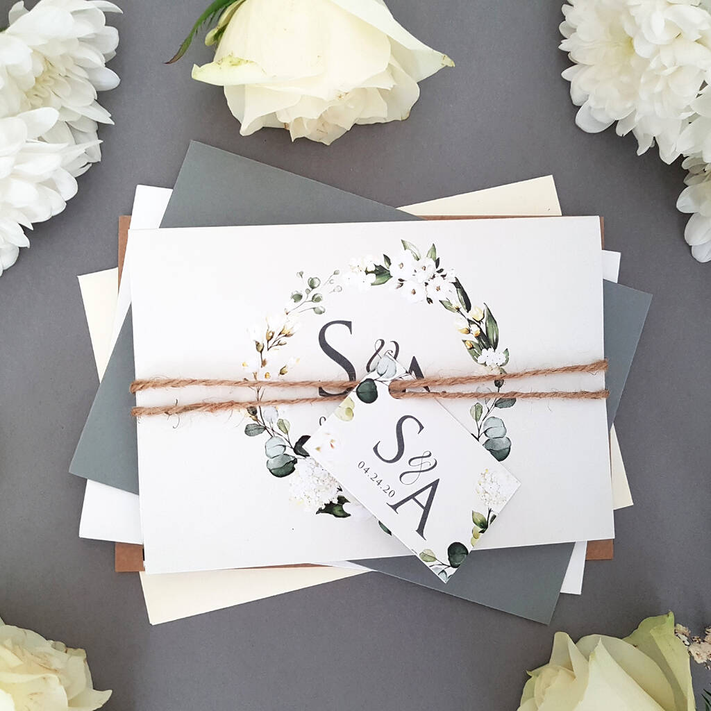 White Floral Wreath Wedding Invitations Sample By Sienna Mai