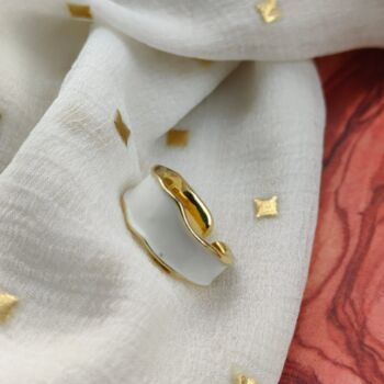 Wide Golden Band Cuff White Enamel Ring, 3 of 4