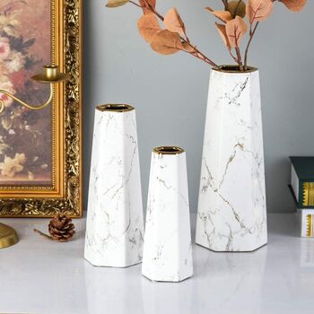 White Vase With Gold Finish Marble Ceramic Flower Vase, 8 of 12