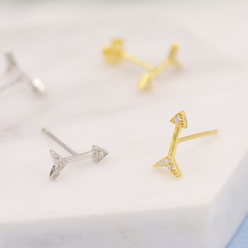 Sterling Silver Tiny Arrow Cz Stud Earrings, 2 of 12