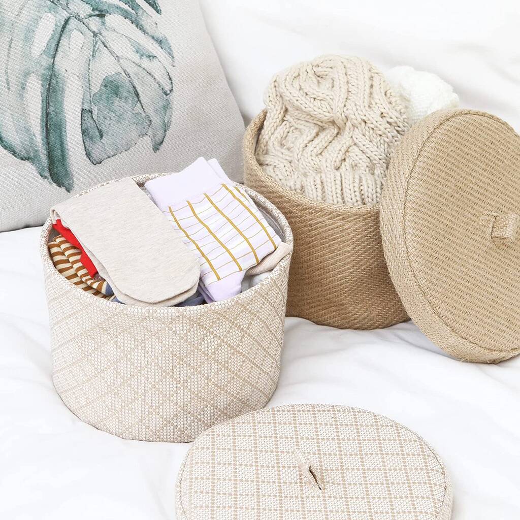 Set Two Round Jute And Cotton Linen Storage Baskets, 1 of 7