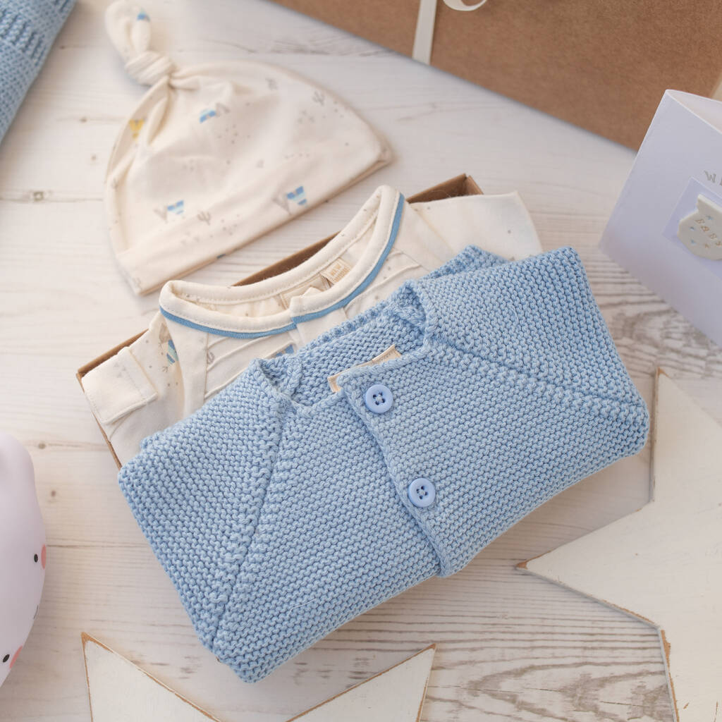 Image of Boys Blue Baby Cardigan And Babygrow Gift Set