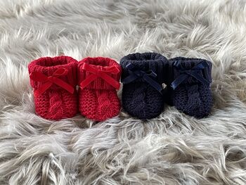 Navy Blue Knitted Baby Booties With Bow, 6 of 6