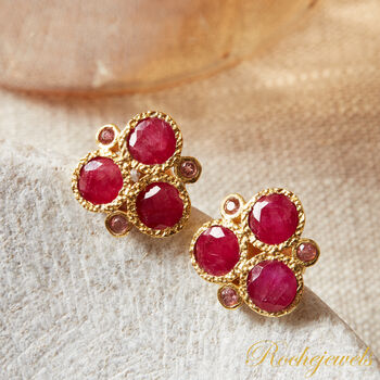 Ruby Triple Stone Gold And Silver Stud Earrings, 8 of 9
