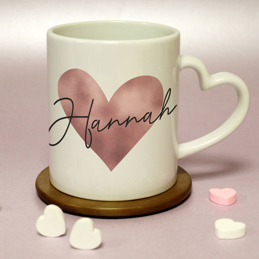 Metallic Rose Gold Heart Handle Valentine Mugs By British and Bespoke