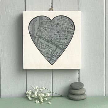 Silver / Gold Wedding Heart Shaped Map Print On Wood, 2 of 10