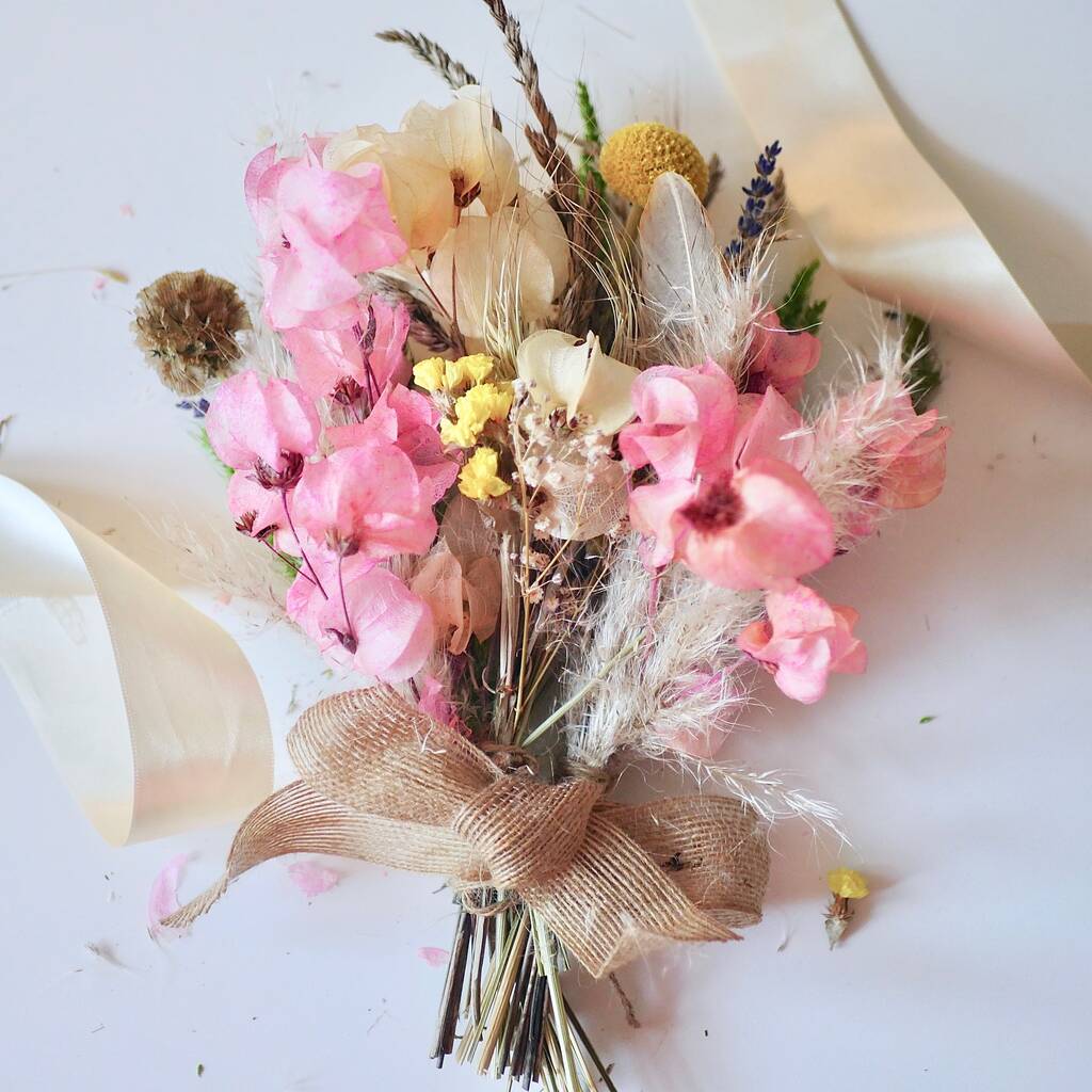 Boho Spring Dried Flowers And Feathers Posy By Dress For Dinner ...